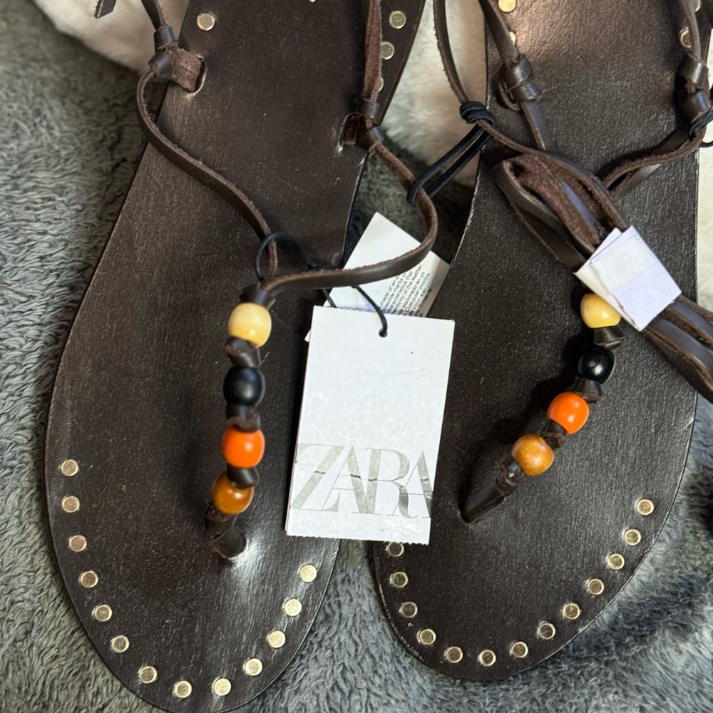 NWT Zara Woman BEADED LACE UP LEATHER SANDALS Shoes Size 8 - Picture 10 of 13